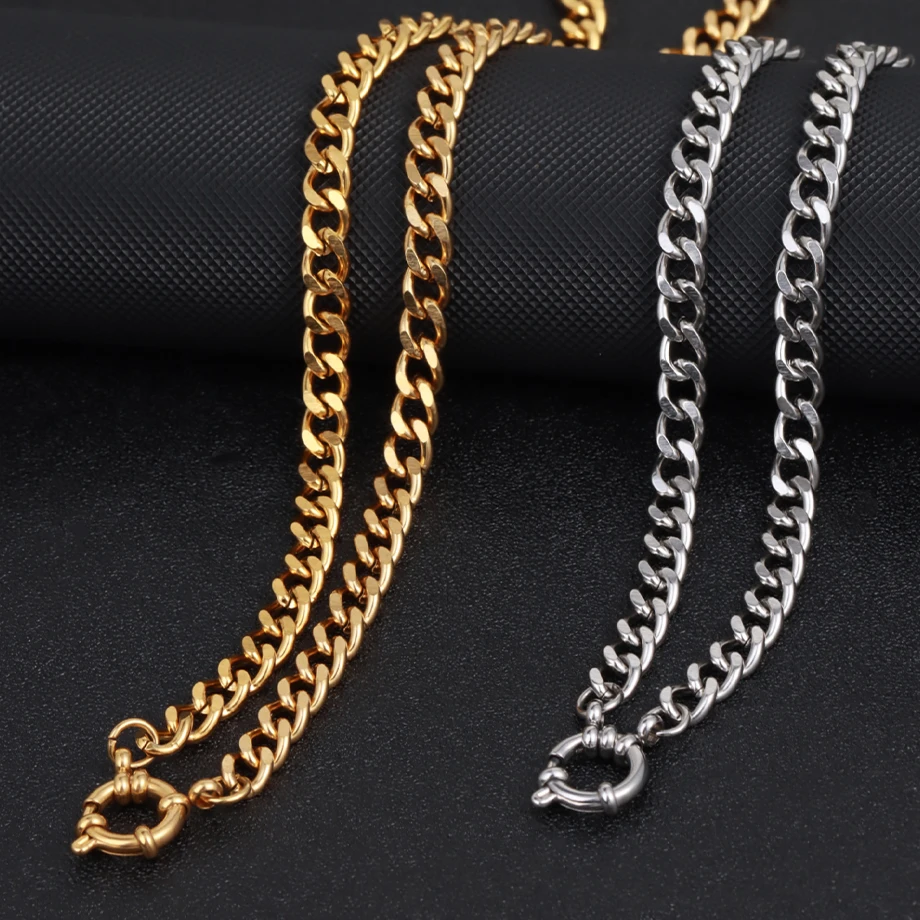 1 pc Anchor Clasp Stainless Steel Necklace for Men Women Cuban Link Chain Choker Openable Gold Color Necklaces Jewelry Gift T102