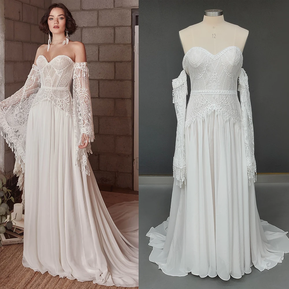 Sweetheart Strapless Mermaid Wedding Dress Removable Long Bell Sleeves A Line Chiffon Customized Zipper Bridal Gowns Tassels