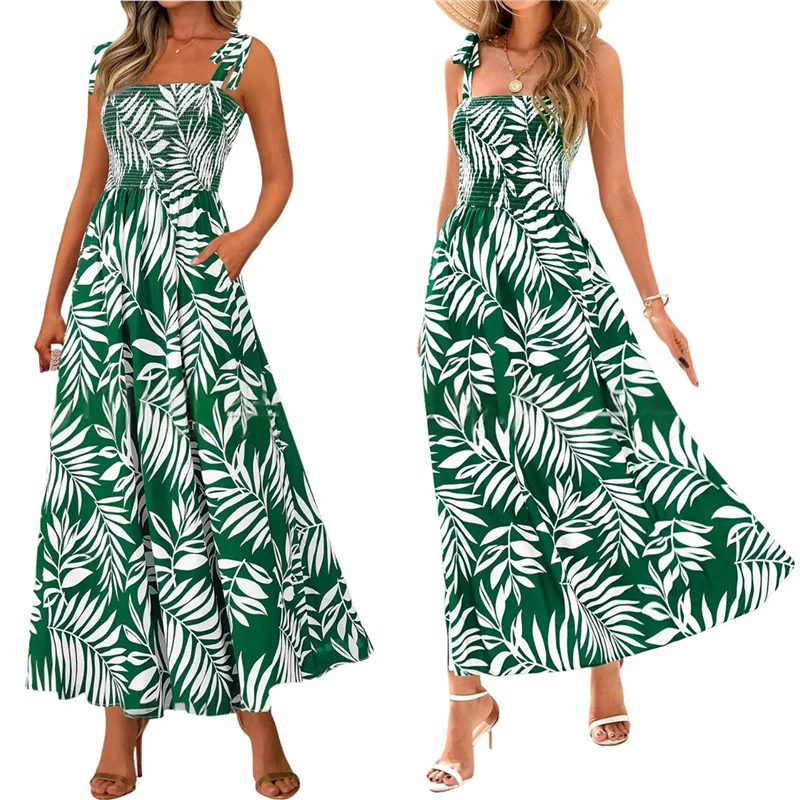 ABRT-สตรีฤดูร้อน Smocked Maxi Dress Boho สปาเก็ตตี้สาย Flowy Beach Long Sundress
