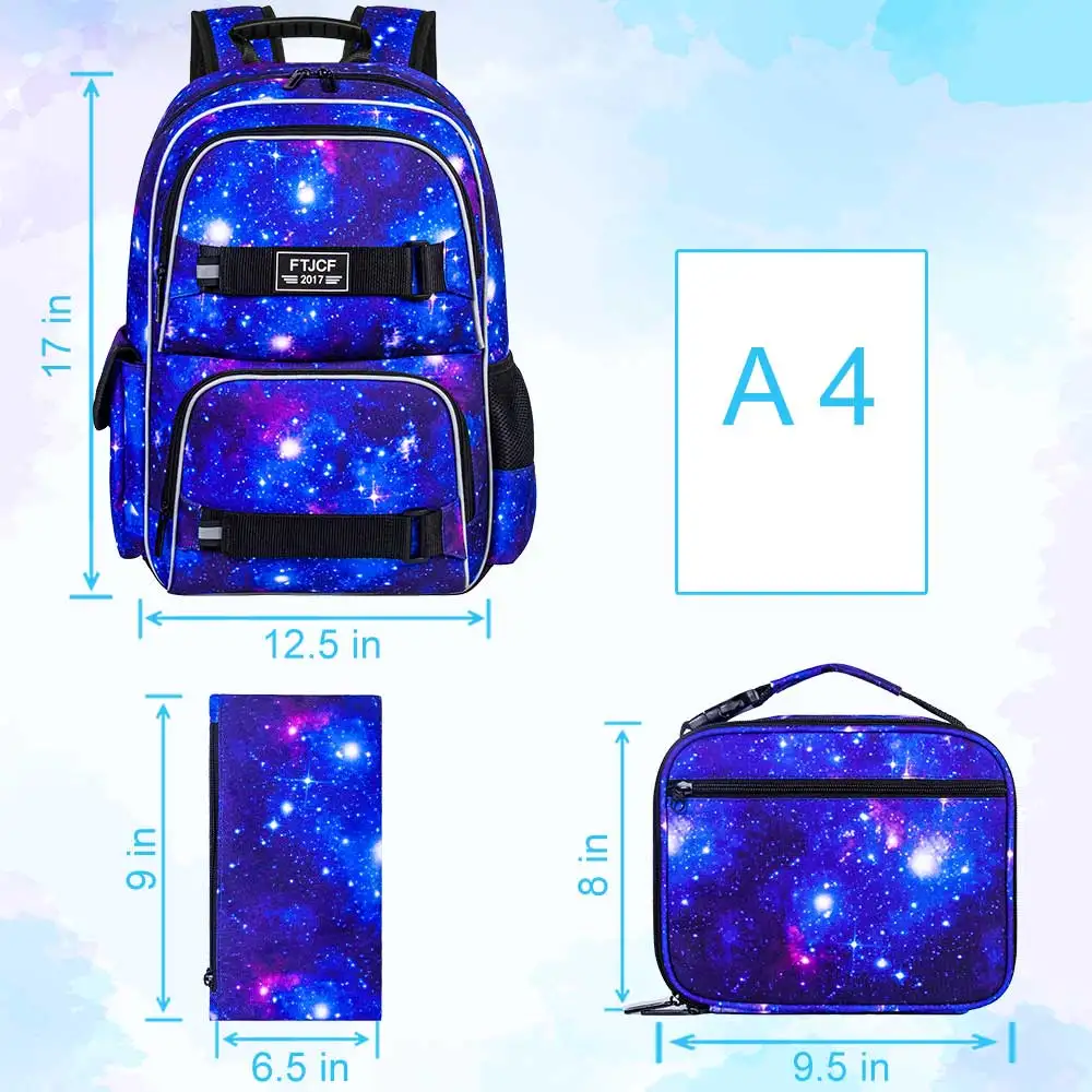 3PCS Galaxy Laptop Backpack, 17 Inch Boys School Bookbag Teen College Water Resistant Kids Backpacks with Lunch Box Set