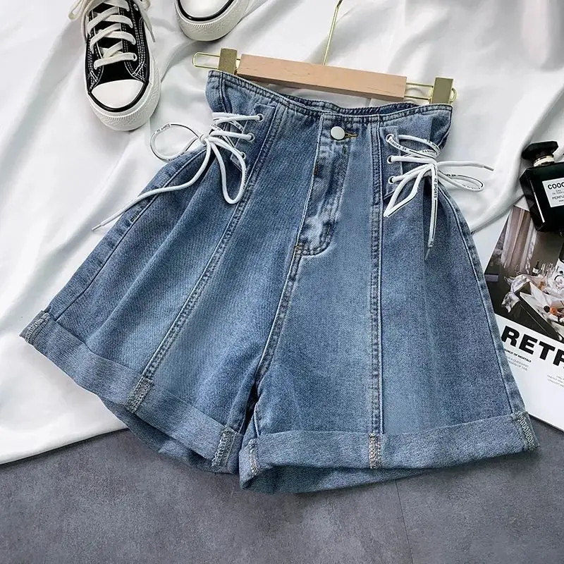 Venda quente de verão da temporada cintura alta perna larga jeans calças curtas femininas algodão jeans roll up design picante menina estilo coreano...