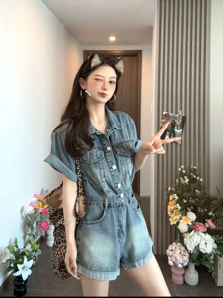 Women's Summer Washed Loose High Waisted Jumpsuit Fashion Spicy Girl Retro Street Casual Denim Short-sleeved Jumpsuit