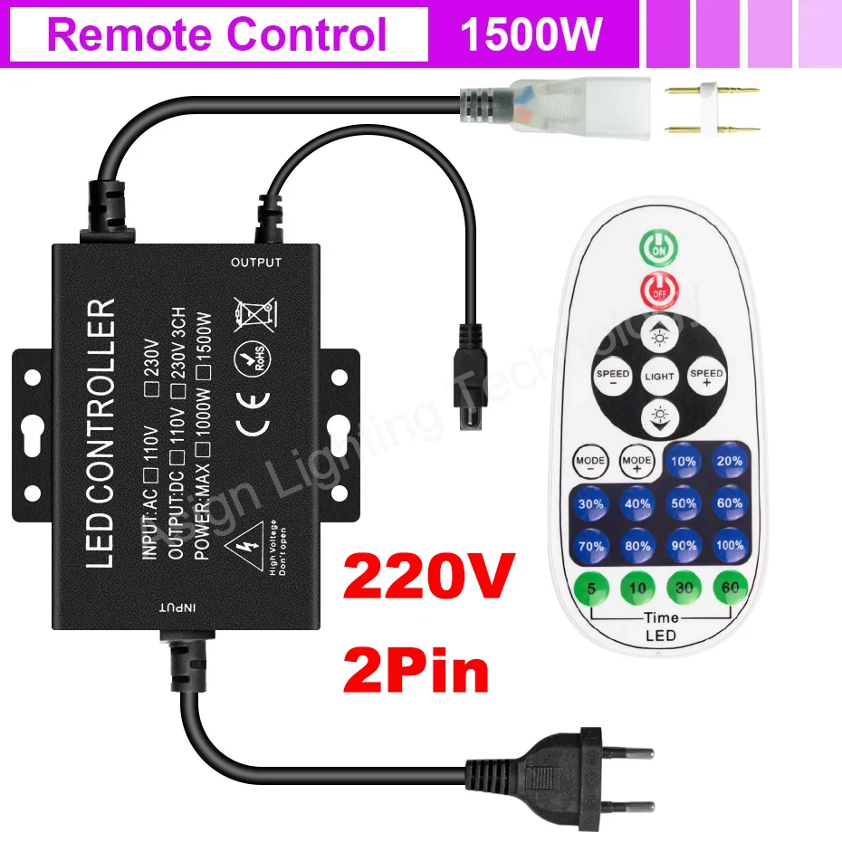 750w 1500w 220v Fernbedienung/Bluetooth/Tuya WLAN-Controller für einfarbige LED-Neonst reifen 2-polige LED-Streifen-Controller