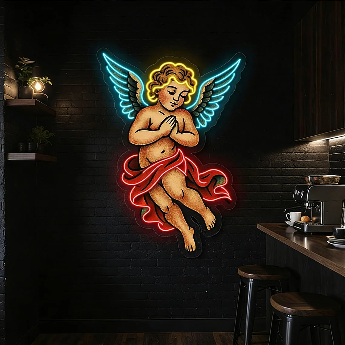 Neon z nadrukiem UV Cherub Angel, Kolorowy neon z modlącym się aniołem, Neon z anielskim skrzydłem, Neon z aniołem stróżem, Neon z cherubinem