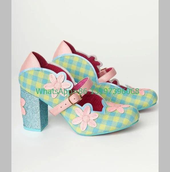 Lady Colorful Daisy Paid Mary Janes Pumps Buckle Strap Colorful Rainbow Design Pumps Buckle Strap New Arrive Stage Play Shoes 46