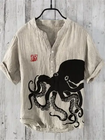 Henry Shirt Men's Short Sleeved Top New Style Summer Casual T-shirt Octopus Pattern 3D Print Fashion Men's Clothing Tops