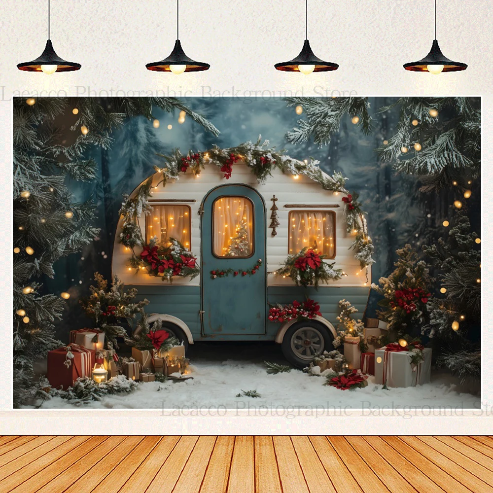 Fondo de fotografía de nieve de coche de Camper de invierno 2025 fiesta de Navidad árbol de Navidad retrato de familia de niños foto telón de fondo accesorios de estudio