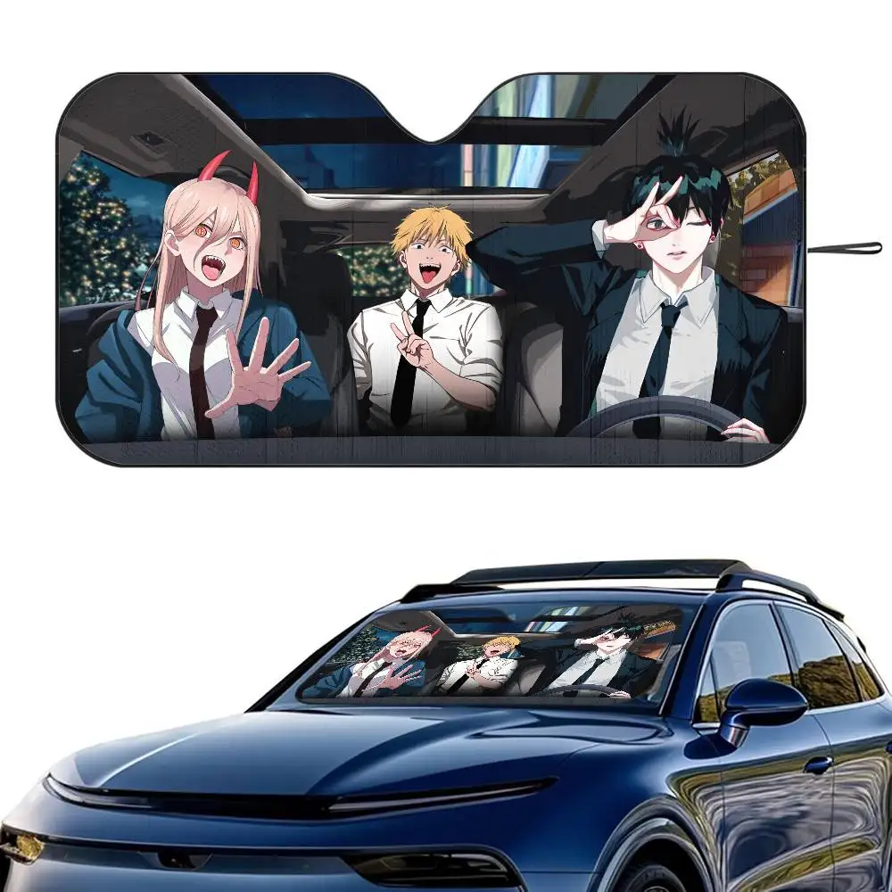 C-Chainsaw Man Anime Car SunShade Windshield Foldable Three-layer Insulation Sunshade By Suction Cup Blocks UV Rays Sun