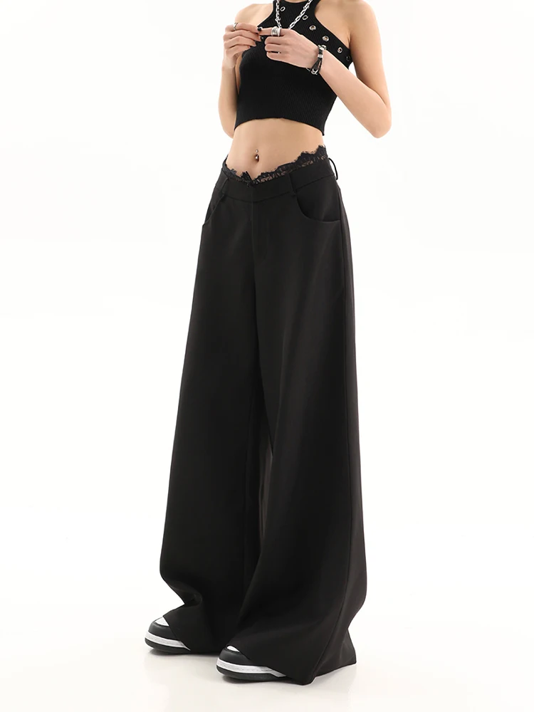 가을 겨울 여성 Y2k 긴 바지 레이스 패치 워크 헐렁한 바지 일본 하라주쿠 2000년대 한국 와이드 레그 팬츠 하이 스트리트