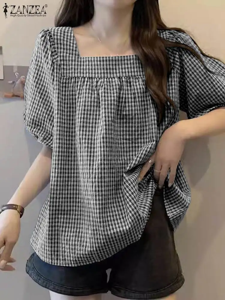 ZANZEA Women Plaid Blouse Casual Puff Short Sleeve Shirts 2024 Summer Square Neck Pleated Tunic Casual Loose Holiday Korean Tops