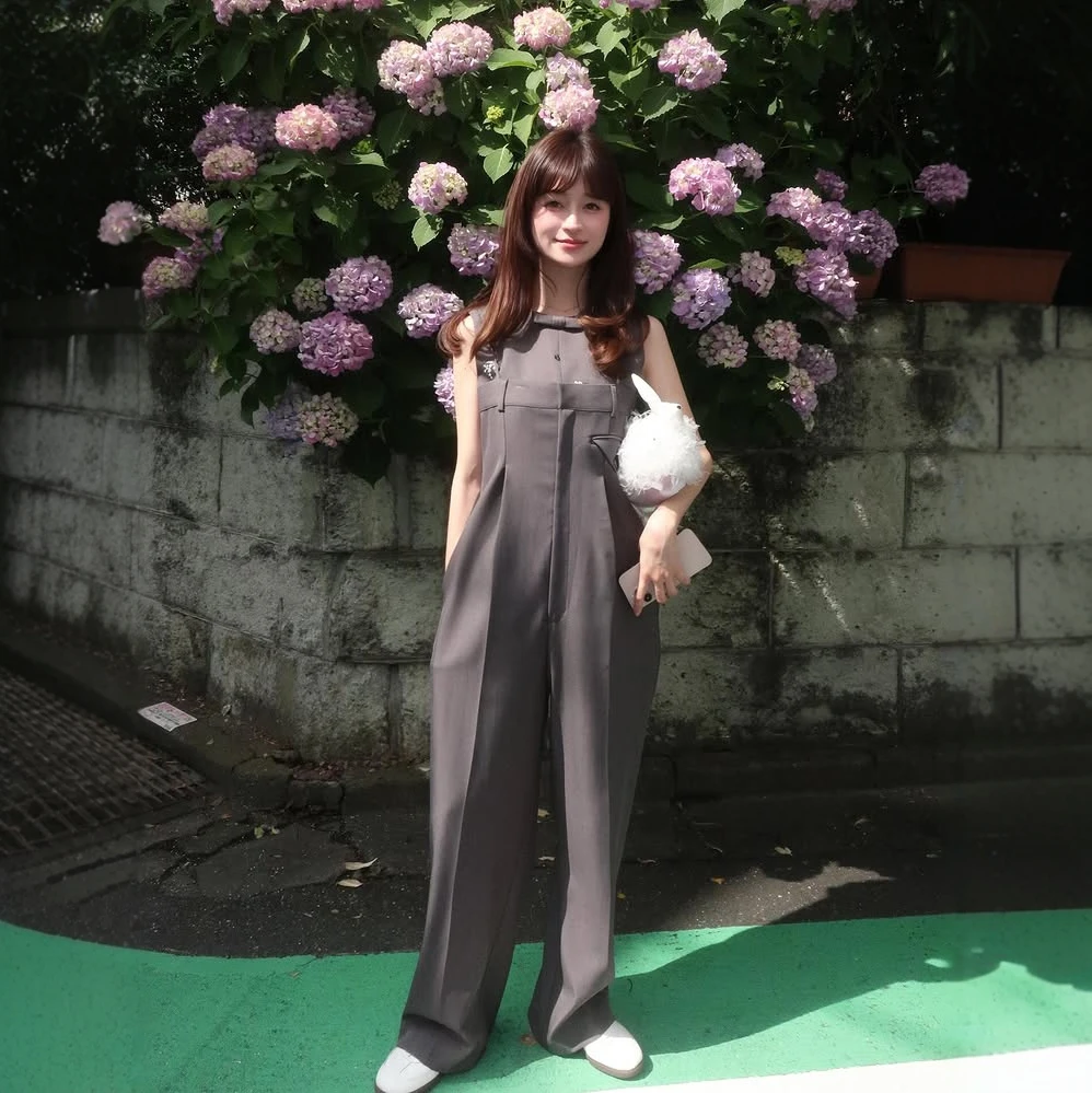 Japanese Fashion Sweet Overalls Spring Autumn 2025 New Girls Solid Color Straight High Waist Jumpsuit Lady Daily Basic Trousers