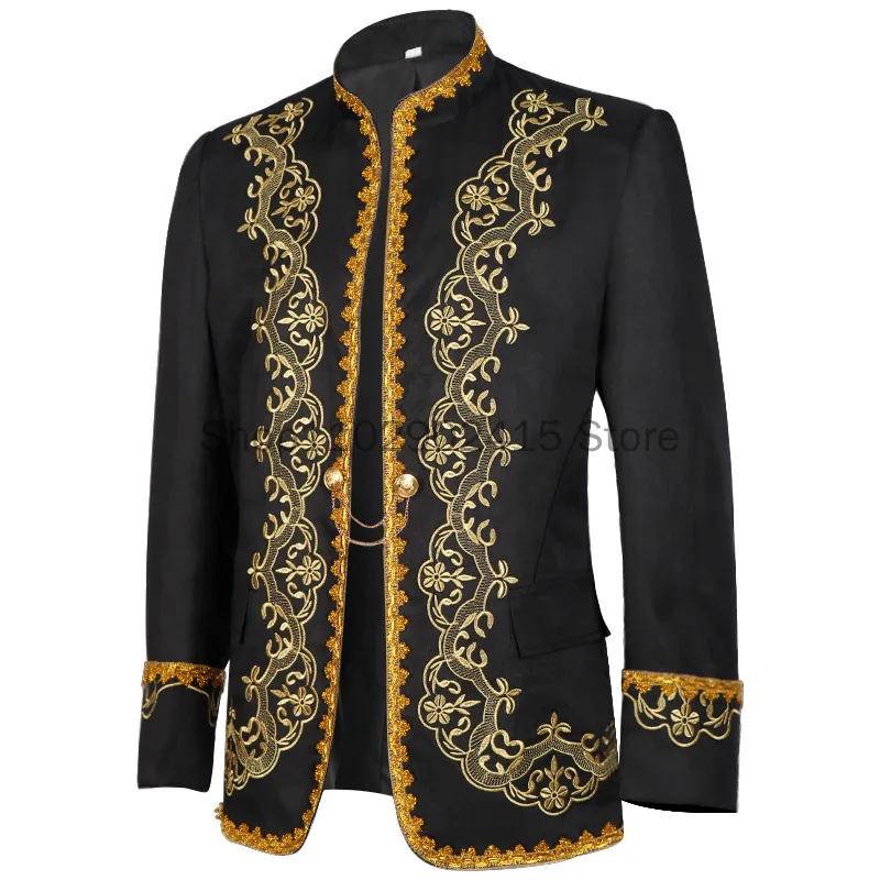 Medieval Men's Vintage Jacket Coat Embroidery Zip Up Stand Collar Prince King Cosplay Costume Victorian Golden Jacket Top