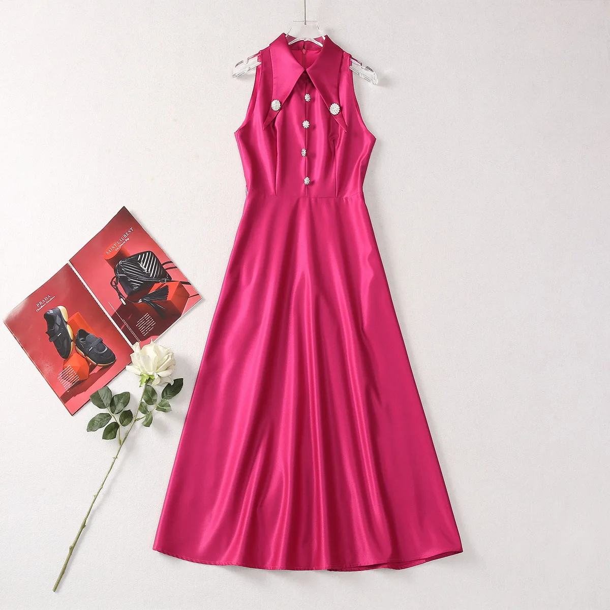 

Europe and the United States women's 2024 summer new lapel Sleeveless nail drill buttons rose red fashion Pleated dress XXL