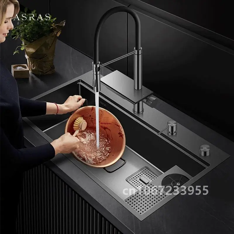 ASRAS New Waterfall Faucet Kitchen Sinks Nanometer Large Size 4mm Panel Handmade Sinks Cup Rinser Kitchen Sinks