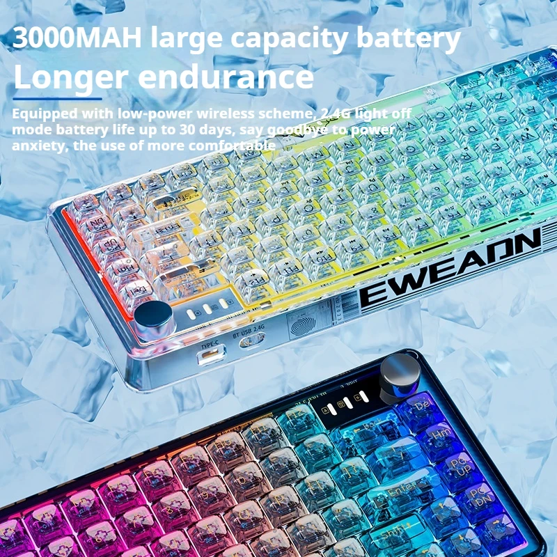 Eweadn V82 Transparent Tri-Mode Customized Mechanical Keyboard Full Key Hot Plug Multi Platform Compatible Durable Office Game