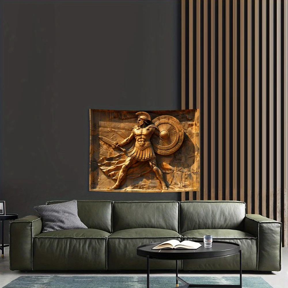 نسيج حائط ثلاثي الأبعاد Vintage Spartan Warrior - تصميم الدرع والسيف، ديكور بوليستر لغرفة المعيشة وغرفة النوم والمكتب