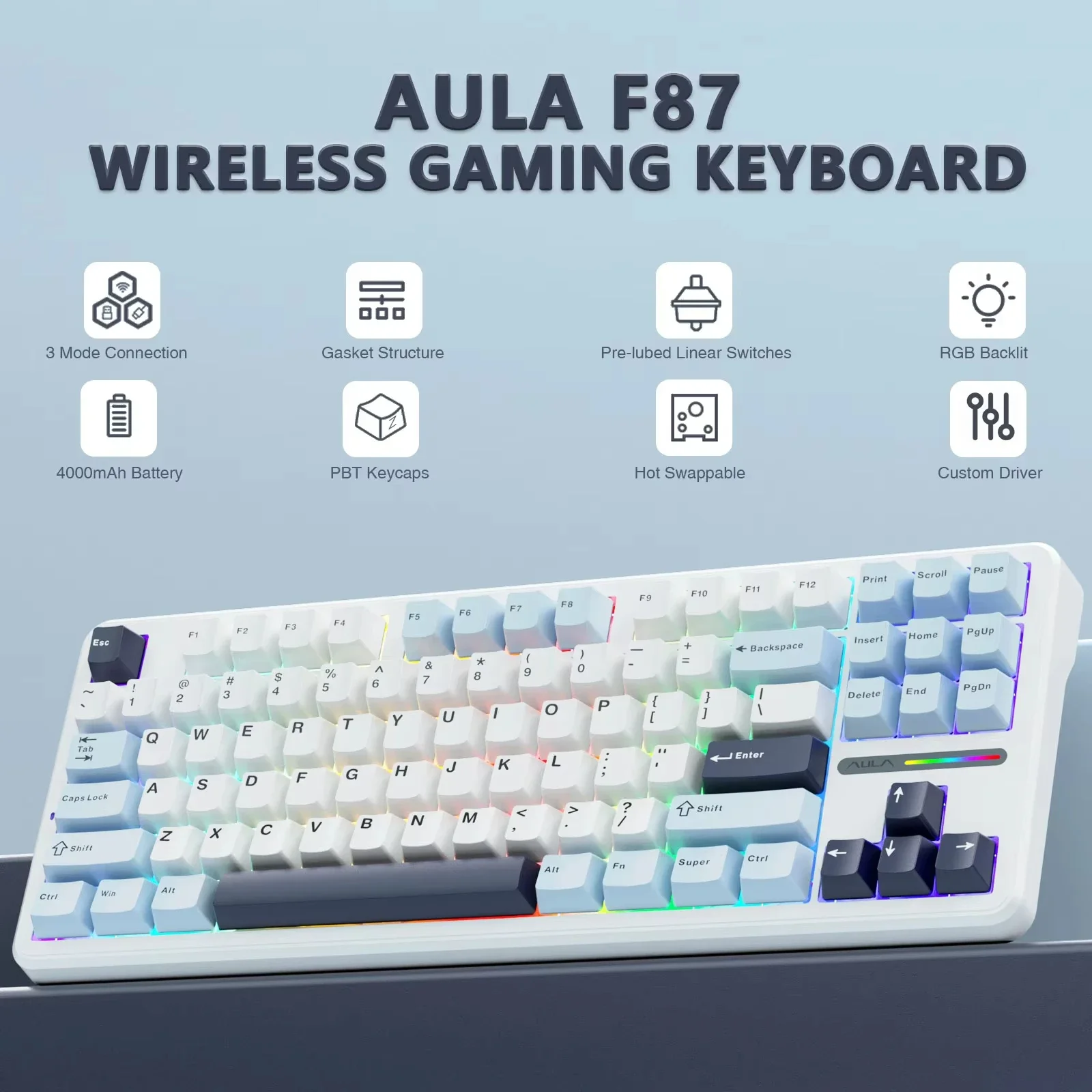 AULA F87 Pro Wireless Mechanical Keyboard Hot-Swap Bluetooth Gasket E-sports Keyboard  RGB Backlight Low Delay Gamer Customize