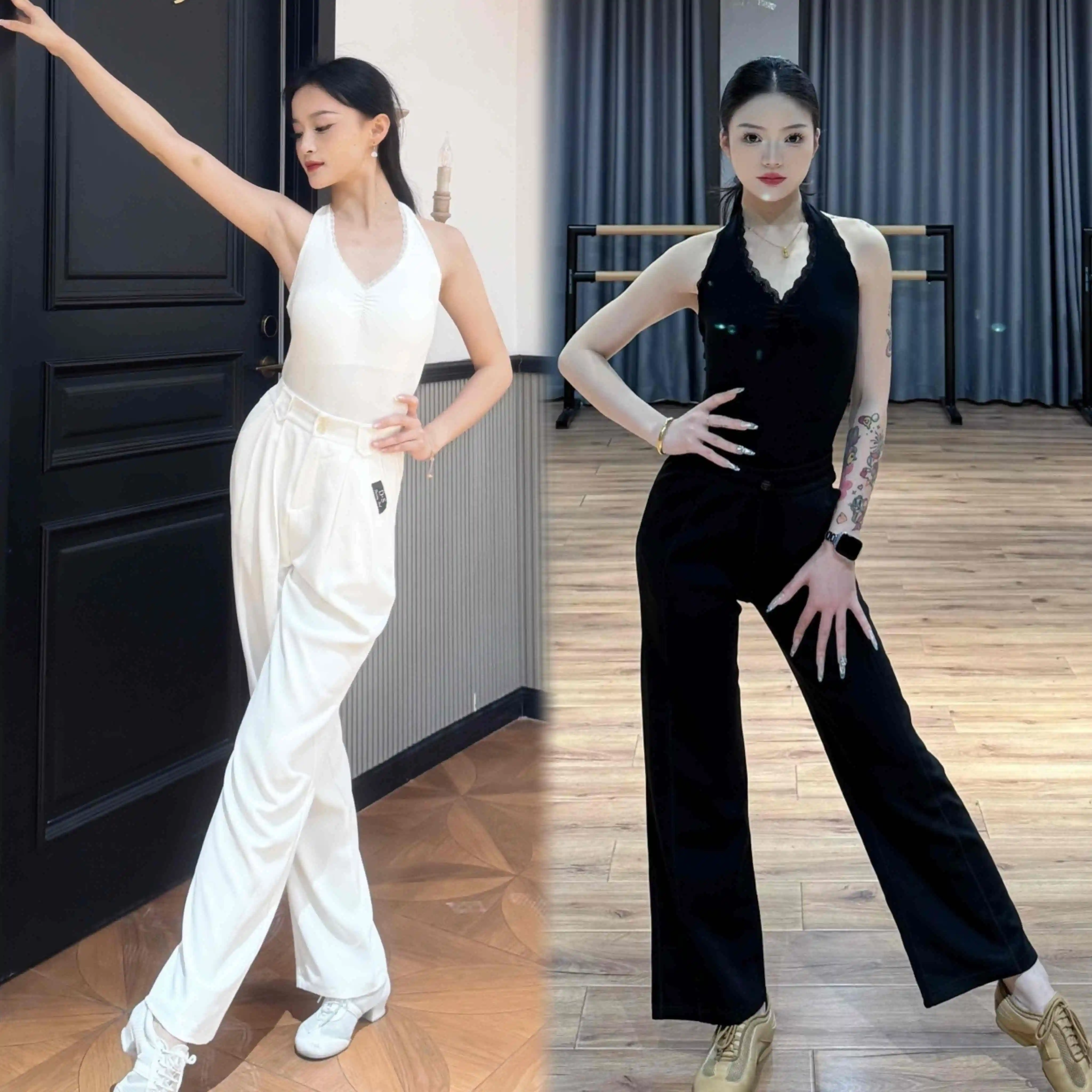 

Летняя одежда для латиноамериканских танцев, одежда для тренировок для взрослых, белый, черный кружевной боди с V-образным вырезом, прямые брюки, одежда для танцев румба, сальса