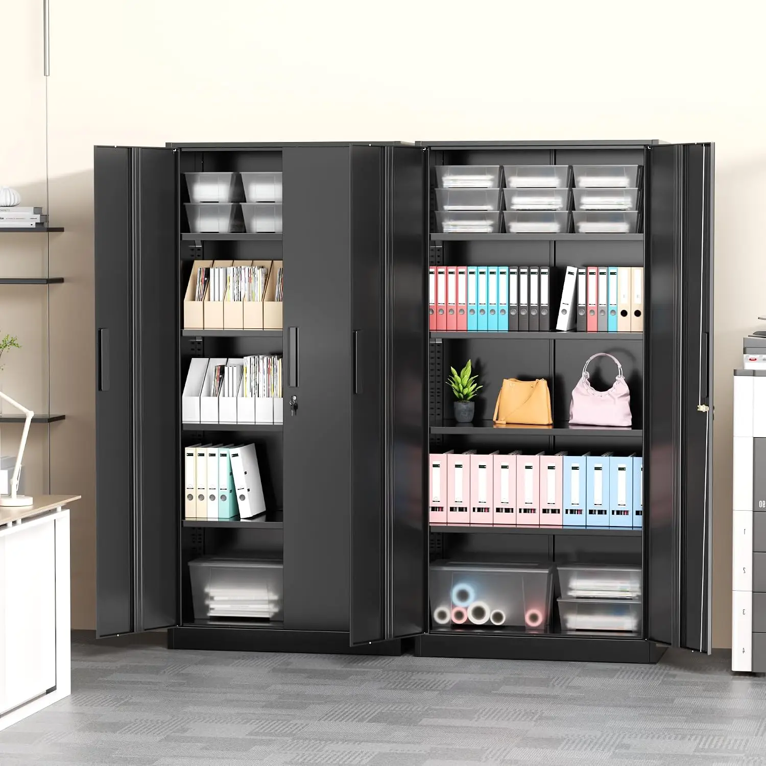 72 Inch Tall Lockable Steel Garage Storage Cabinet with Doors and 4 Adjustable Shelves, Multi‑Purpose File & Tool Organizer for Home Office, Garage, Basement and Classroom, Black