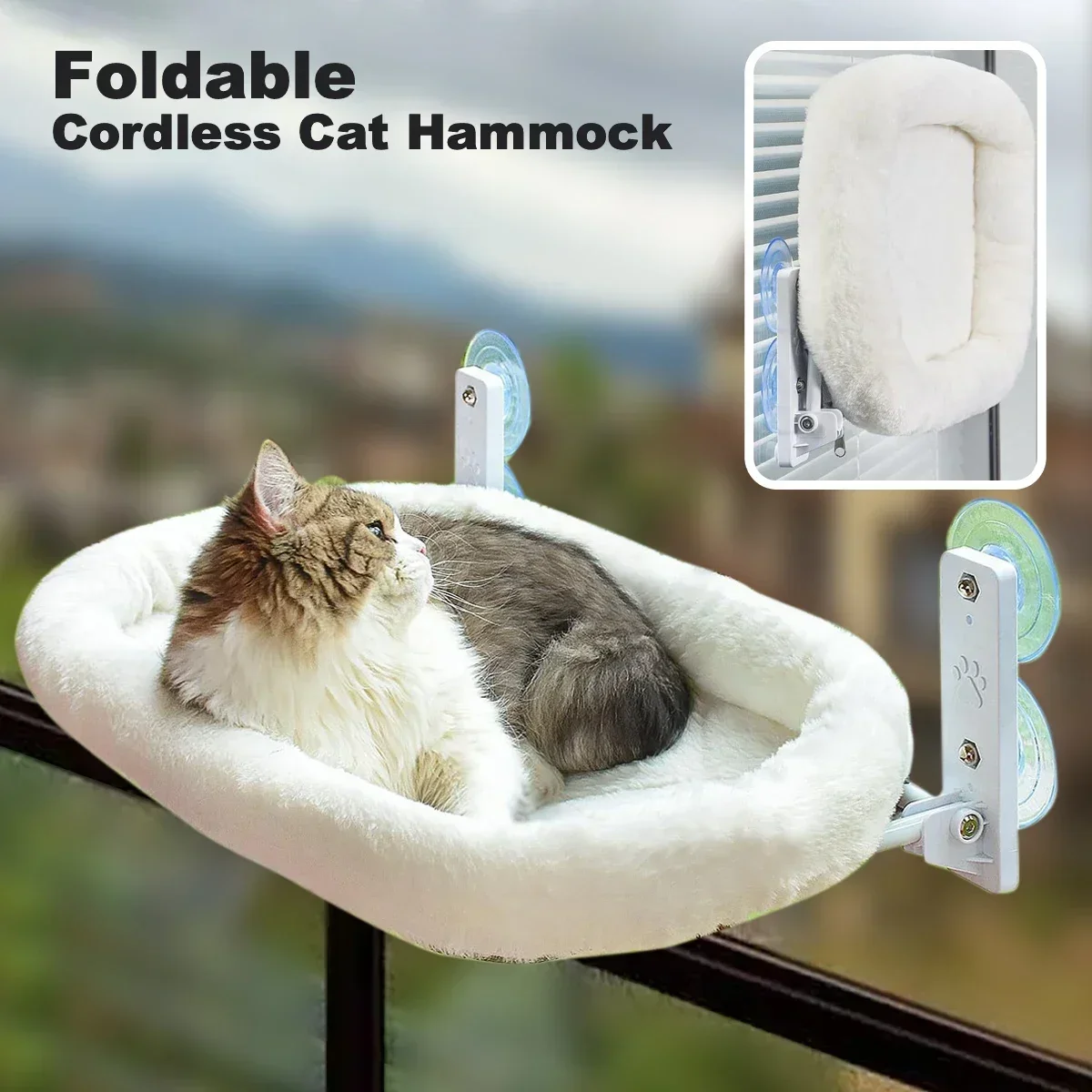 

Cordless Hammock Cat Window Sunny Bed Pet House Foldable Lounger High Load Capacity Metal Plush Reversible Cover Cat Accessories