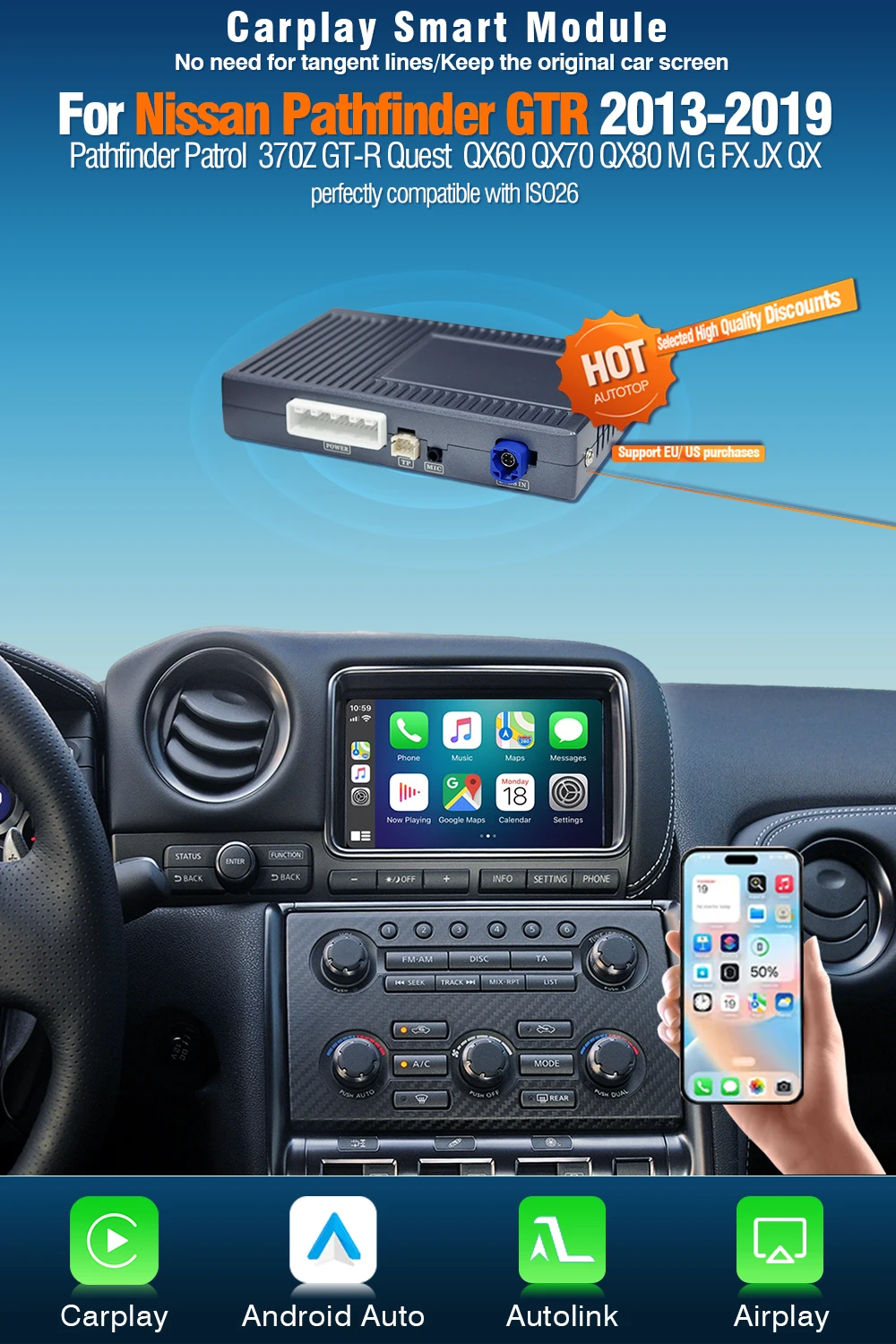 AUTOTOP Kabelloses CarPlay Nachrüst-Kit Decoder für Nissan Pathfinder Patrol GTR 370Z Quest 2013-2019 QX60 QX70 Android Auto GPS – Detail 1