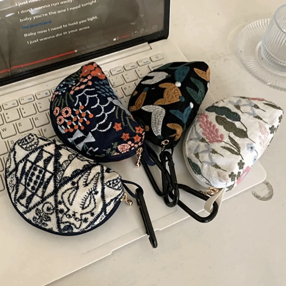 Portable Cute Embroidery Storage Bag Flower Cotton Linen Earphone Bag Keychain Korean Style Ethnic Style Coin Purse Student
