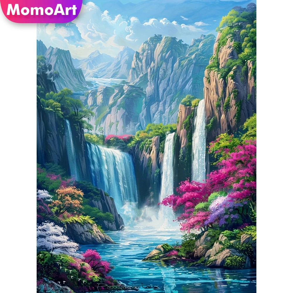 Momoart Diamant-Mosaik, Wasserfall-Landschaft, DIY-Muster für Erwachsene, Anfänger, Diamant-Gemälde, Berglandschaft, einzigartiges Geschenk