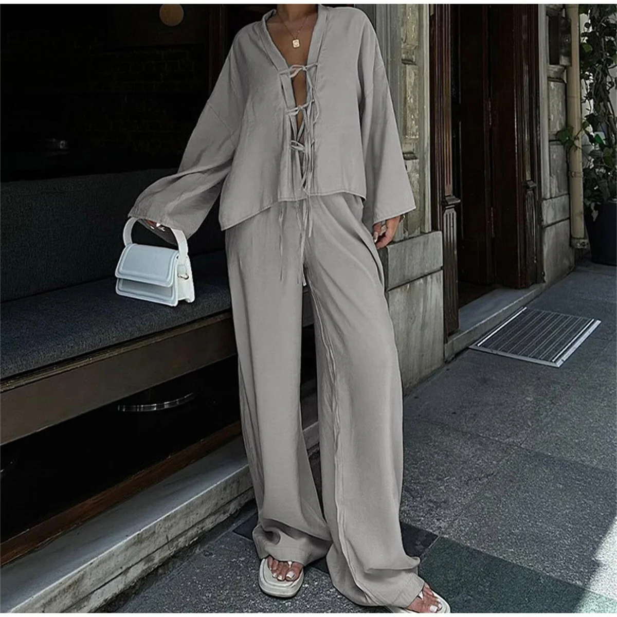 Women Solid Shirt Pant Sets V-neck Lace Up Shirts Long Sleeve Top High Waist Wide Leg Pants Ladies Suits Casual Outfit Set 2024