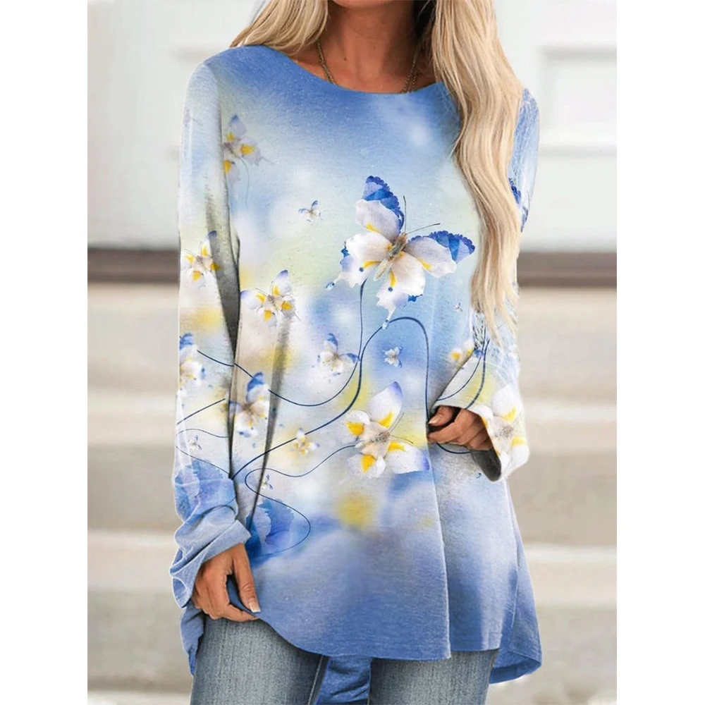 CLOOCL Women Shirts Watercolor Butterfly Print Crew Neck Loose Casual T-Shirt Long Sleeve Tee All Season Clothing Elegant Tops