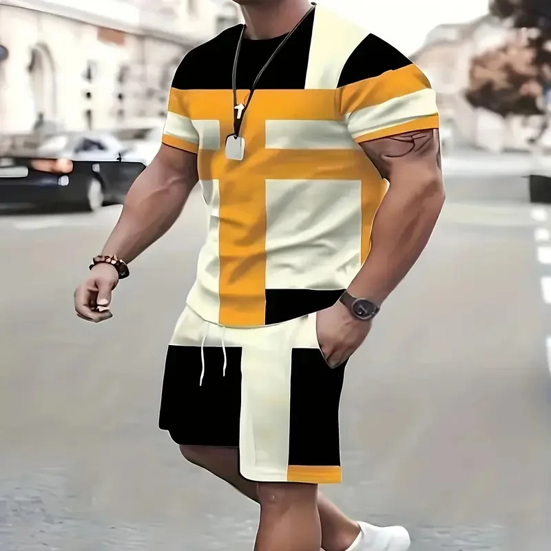 

2025 Summer Men's Leisure 3D Printed Hot Shorts and T-shirt Set - Short Sleeves, Regular Fit, Elastic Fabric Leisurewear