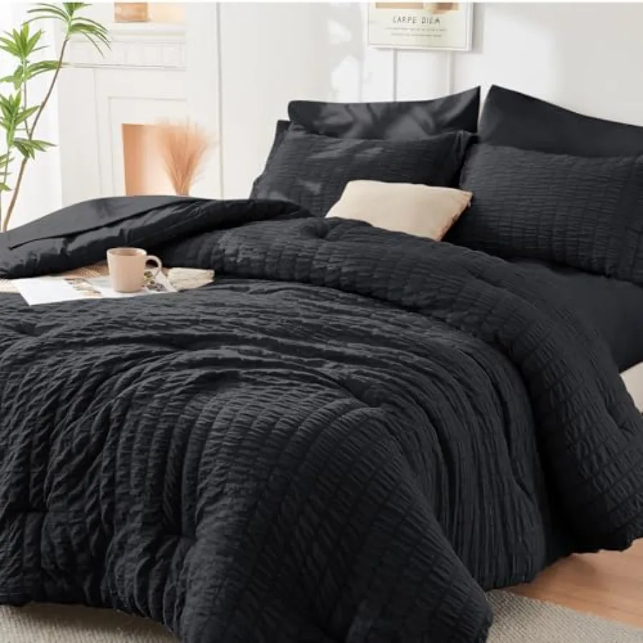 

Black Queen Comforter Set Seersucker 7 Pieces All Season Luxury Bed in a Bag for Bedroom Bedding Set with Comforters Sheets Pil
