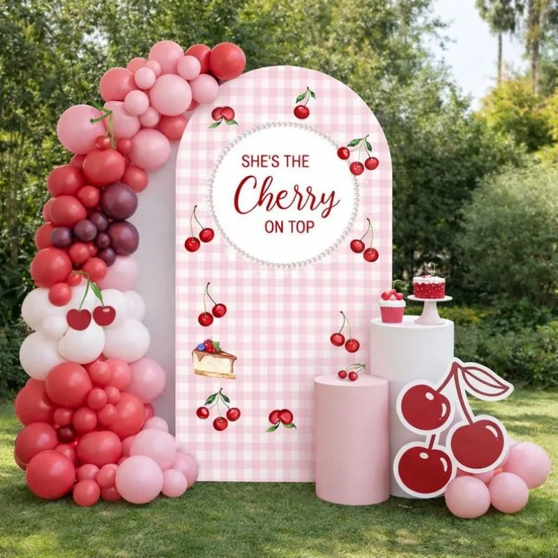 VIKAMA Toile de fond rose à carreaux vichy avec arche cerise, bannière de fond pour fête de révélation du sexe de bébé « She's The Cherry On Top »