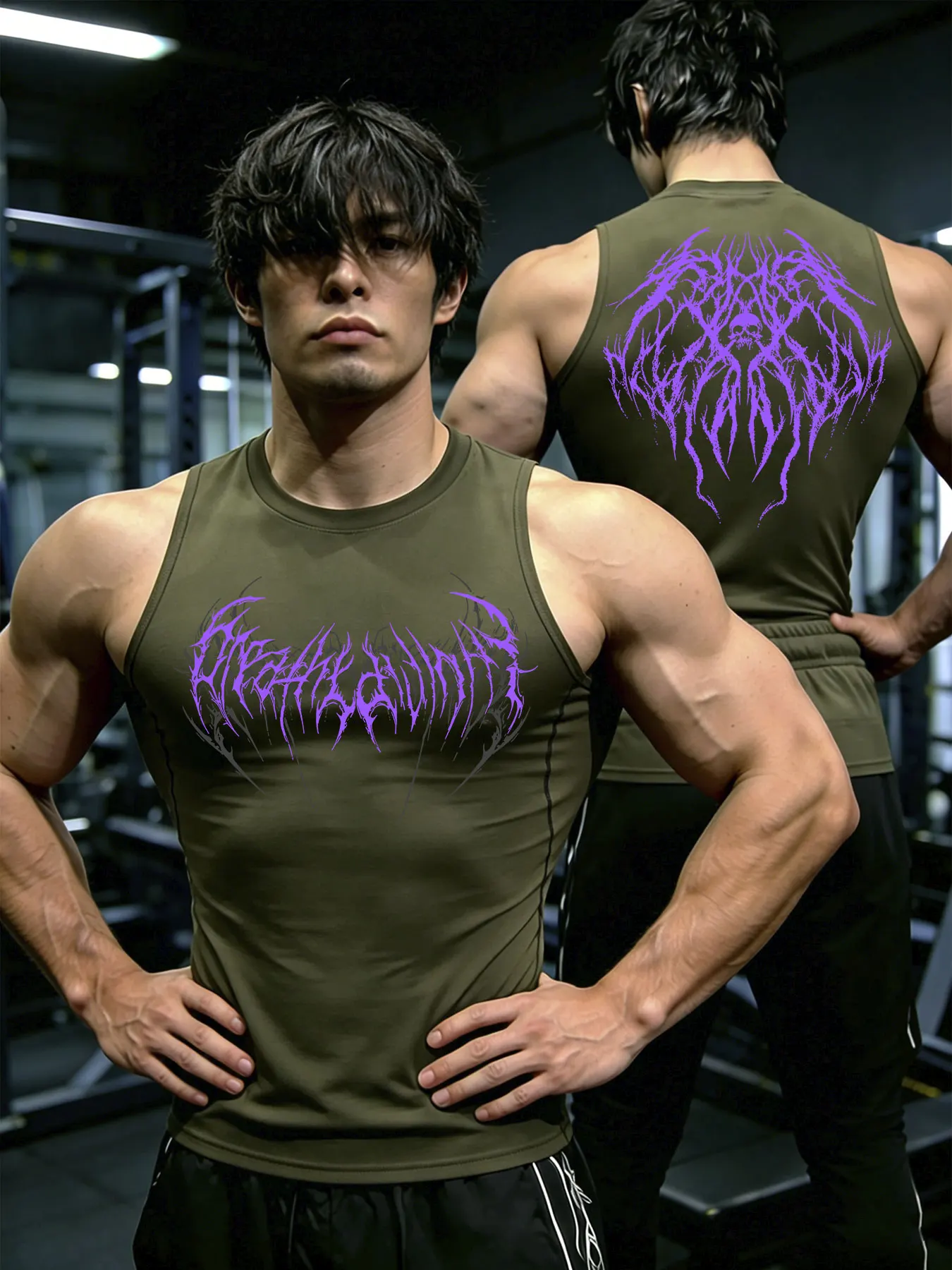 Herren Y2K Dark Gothic Art Print Kompressions-Tanktop, schnelltrocknend, ärmellos, Weste, Fitness, Bodybuilding, Workout, Muskel-Sportoberteil – Detail 9