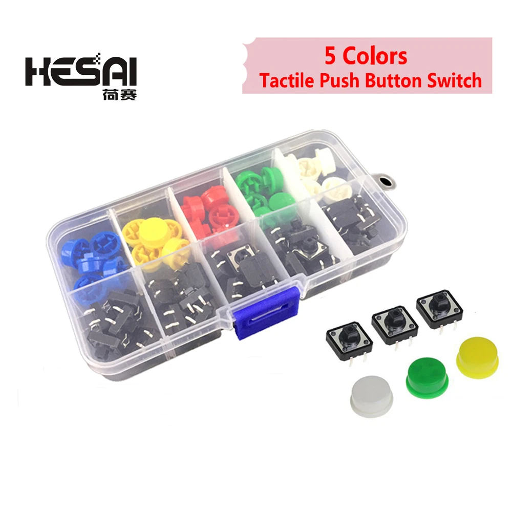 

5 Colors 12*12*7.3MM Micro Switch Button Tact Cap Tactile Push Button Switch Momentary 25Pcs/Set