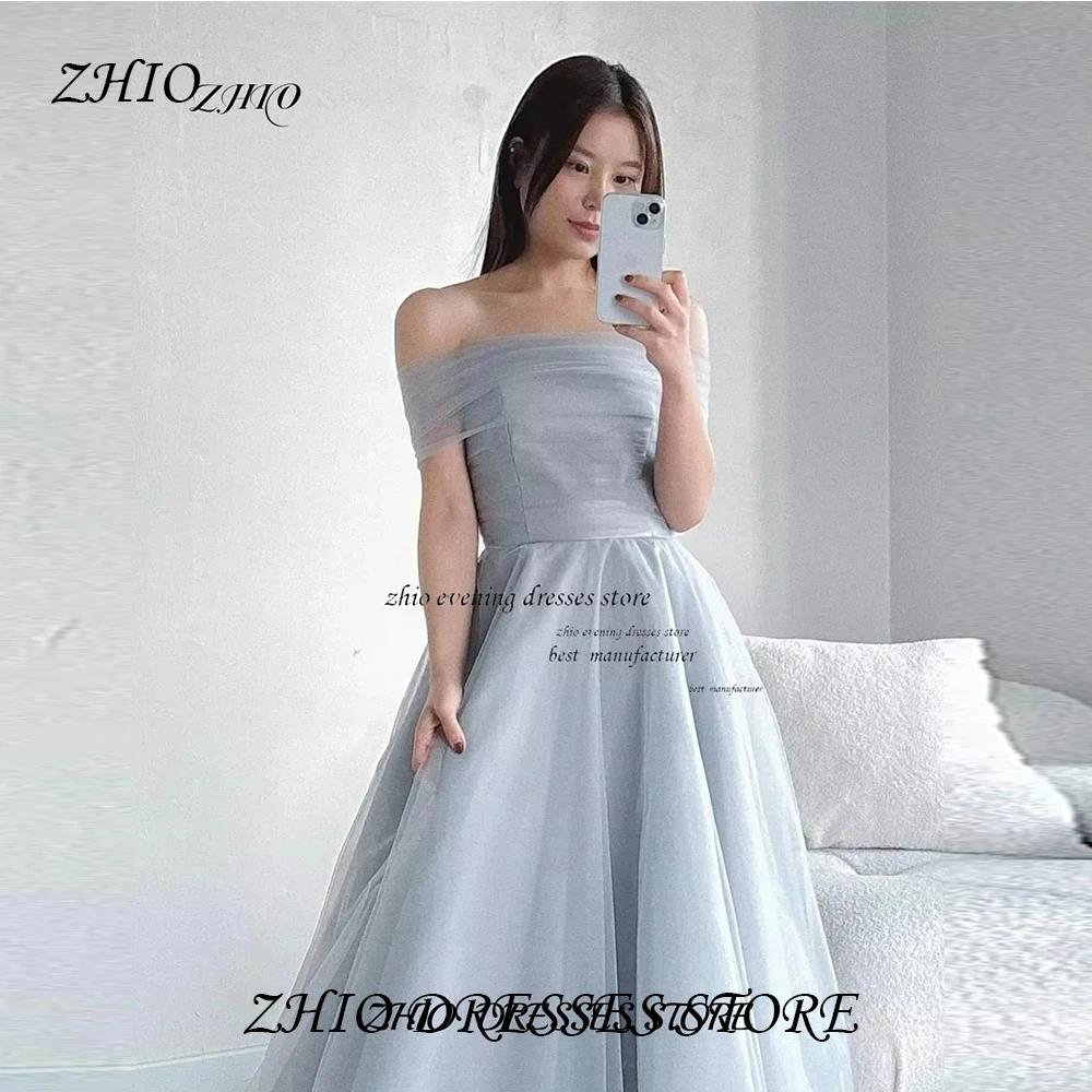 ZHIO Customized Blue Korean Wedding Party Dress A-line Tulle Corset Pleat Floor-Length Wedding Snap Dresses 웨딩드레스