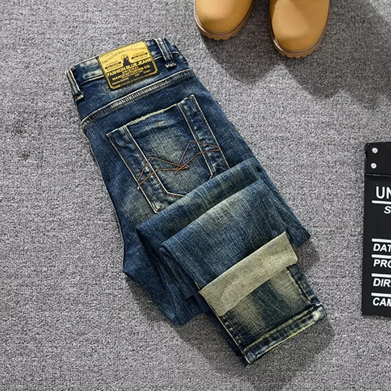 

Italian fashion new men's elastic slim fit jeans scratch washed retro designer light blue denim pencil pants hombre