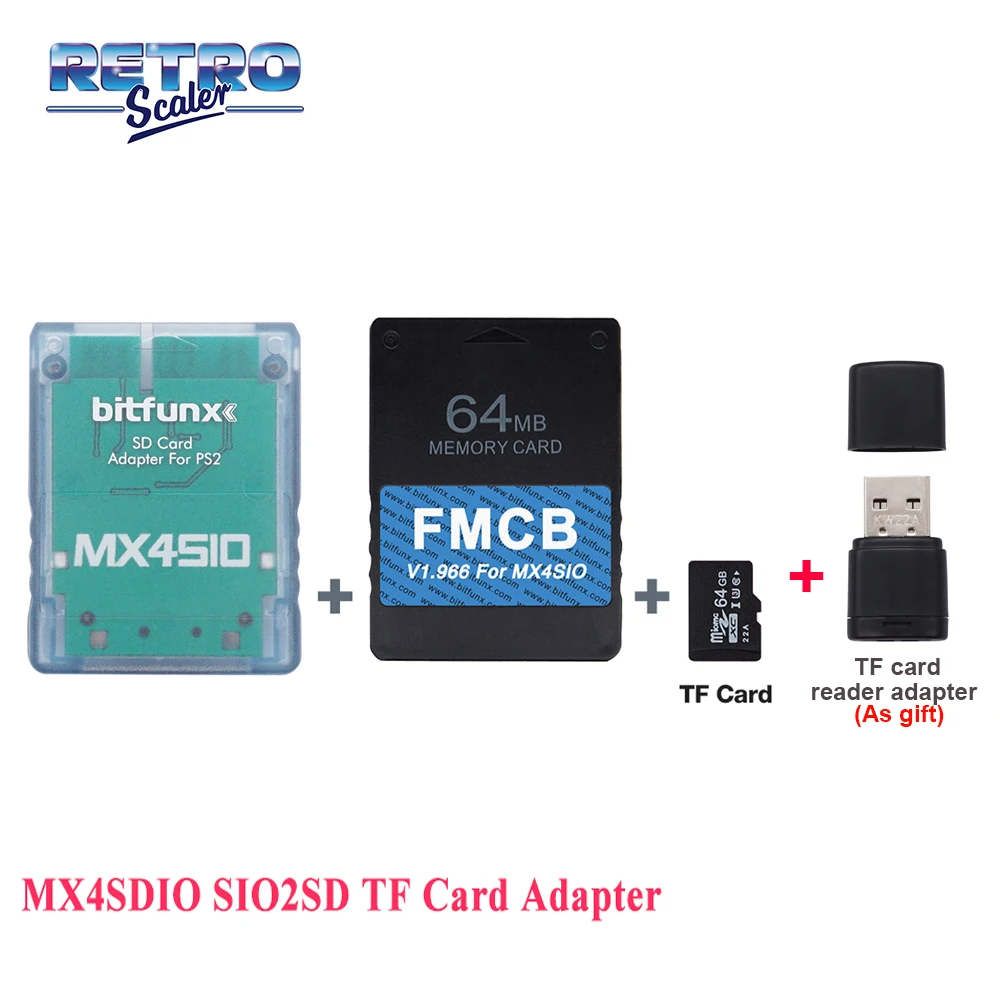 RetroScaler MX4SIO SIO2SD TF Card Adapter For PS2 Game Consoles+V1.966 64MB FMCB OPL1.2.0 Card For PS2 Fat Consoles