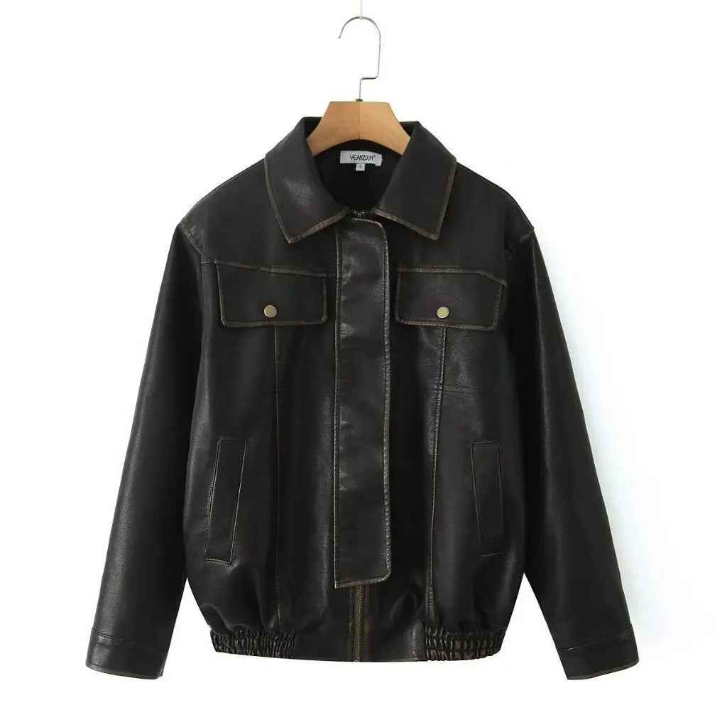 Women's Vintage Washed Color PU Leather Coat Loose Jacket Autumn European American Style Spice Girls Bike Clothing