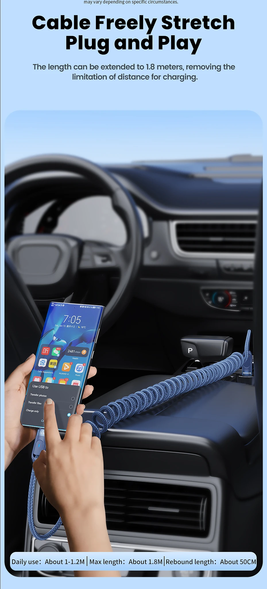 Toocki Auto-Federkabel Typ C für iPhone 17 16 15 Xiaomi Samsung 60W PD Schnellladung für Macbook iPad Typ C zu Typ C Kabel – Detail 5