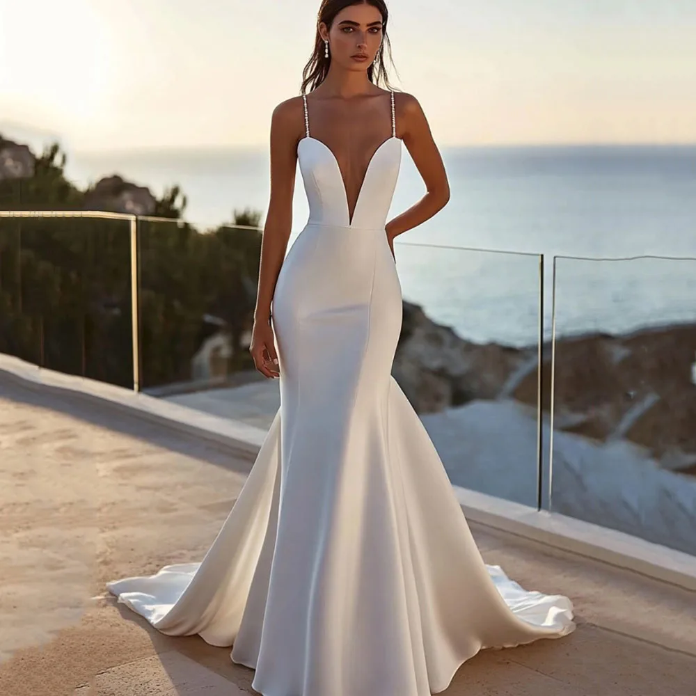 Elegant Simple Customized Wedding Dresses Mermaid Backless Bridal Gowns V Neck Spaghetti Straps Bride Dress Vestido De Novia