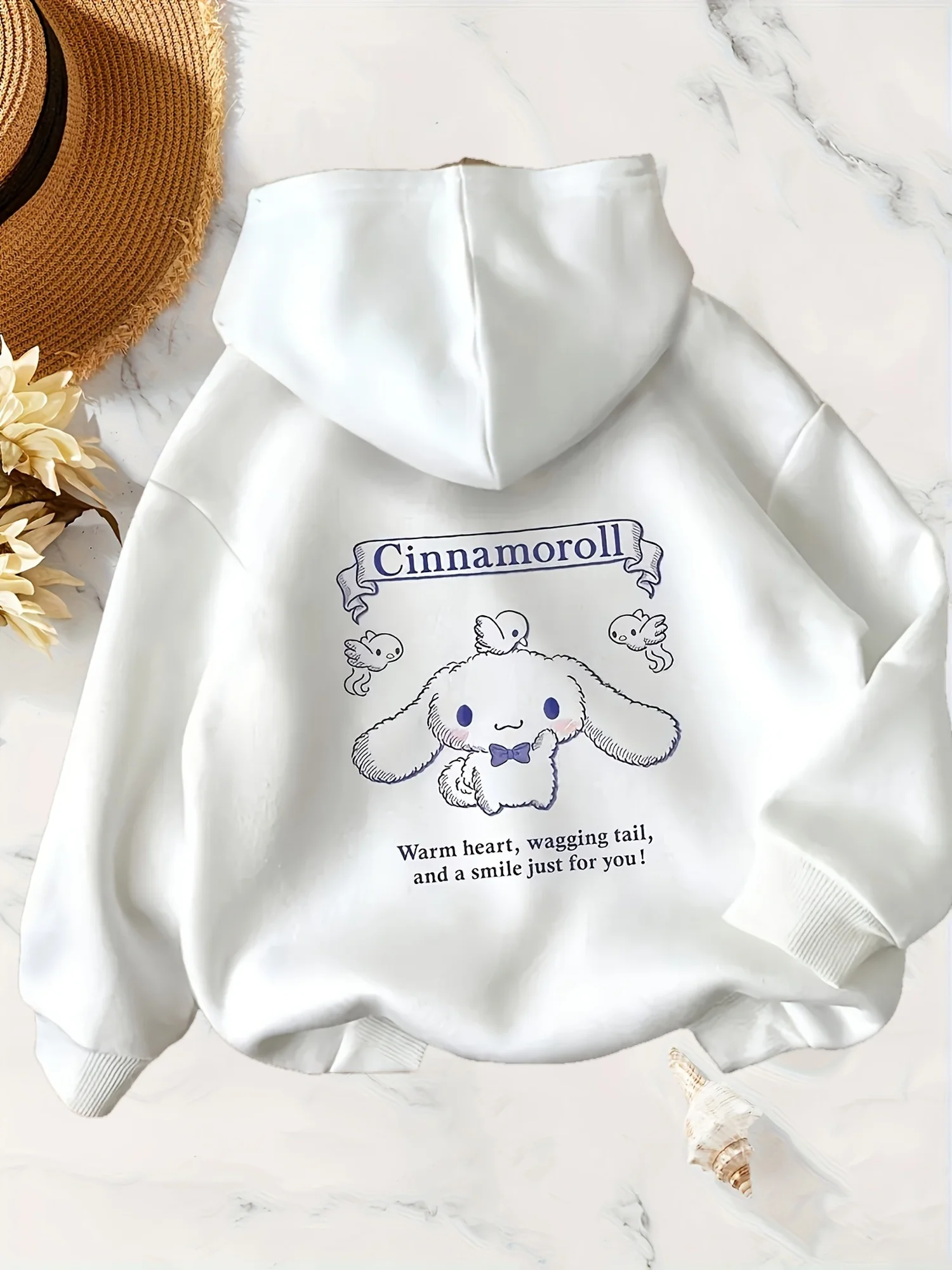 

Худи Cinnamoroll - белый пуловер с милым дизайном в виде кролика, длинными рукавами, завязками на шее, для повседневной носки осенью и зимой.