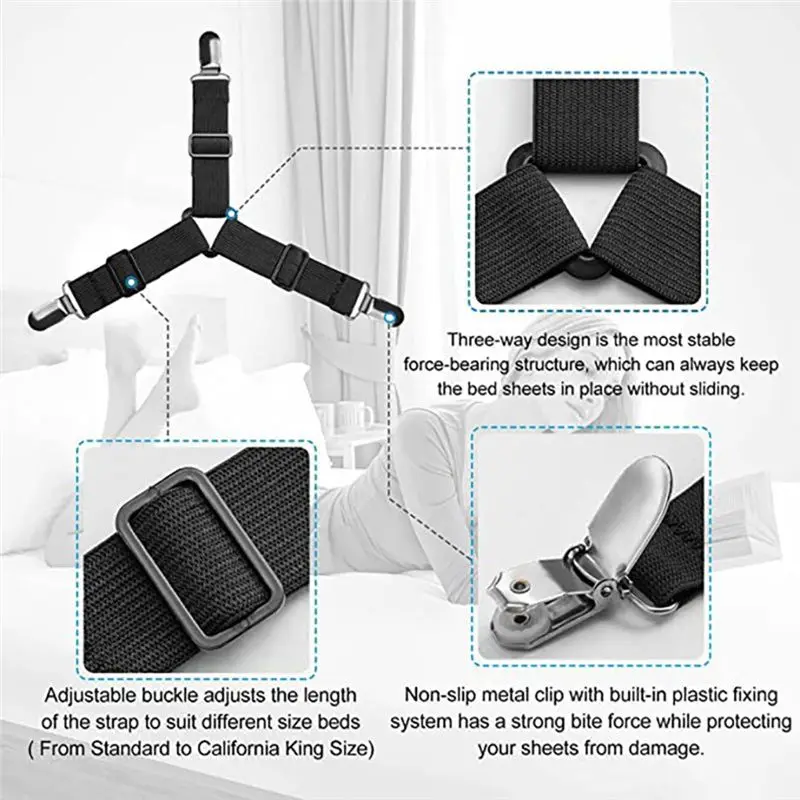 A69eadjustable Sheet Suspenders 8 Pieces Triangle For Bed Sheet Holders Fitted Sheet Clips For Mattress Grippers For Bed