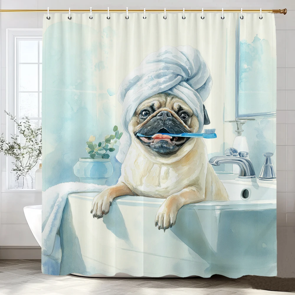 Funny Dog Reading newspaper on the toilet Shower Curtain, Bathroom Decorative Shower Curtain, Printing Shower Curtain with Hooks