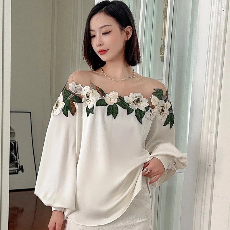 Elegant Mesh Patchwork Satin Blouse O-neck Tops Vintage Embroidered Shirt Spring Autumn Long Lantern Sleeve Women Clothes 24976