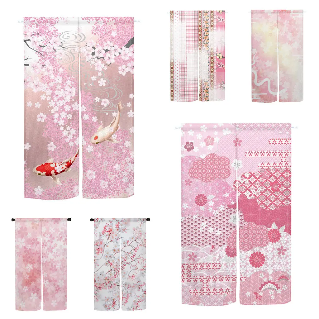 Japanese Noren Door Curtains Pink Flowers Printed Bedroom Kitchen Partition Kitchen Entrance Decors Curtain Hanging Half-Curtain