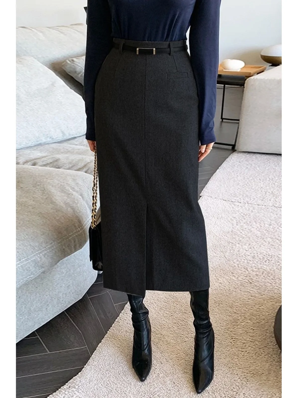 فستان ربيعي سميك رمادي اللون بتصميم ملفوف حول الورك، خصر متوسط، أسلوب الشارع، قماش بوليستر، تنورة ميدي بقصة A مع شق أمامي للنساء