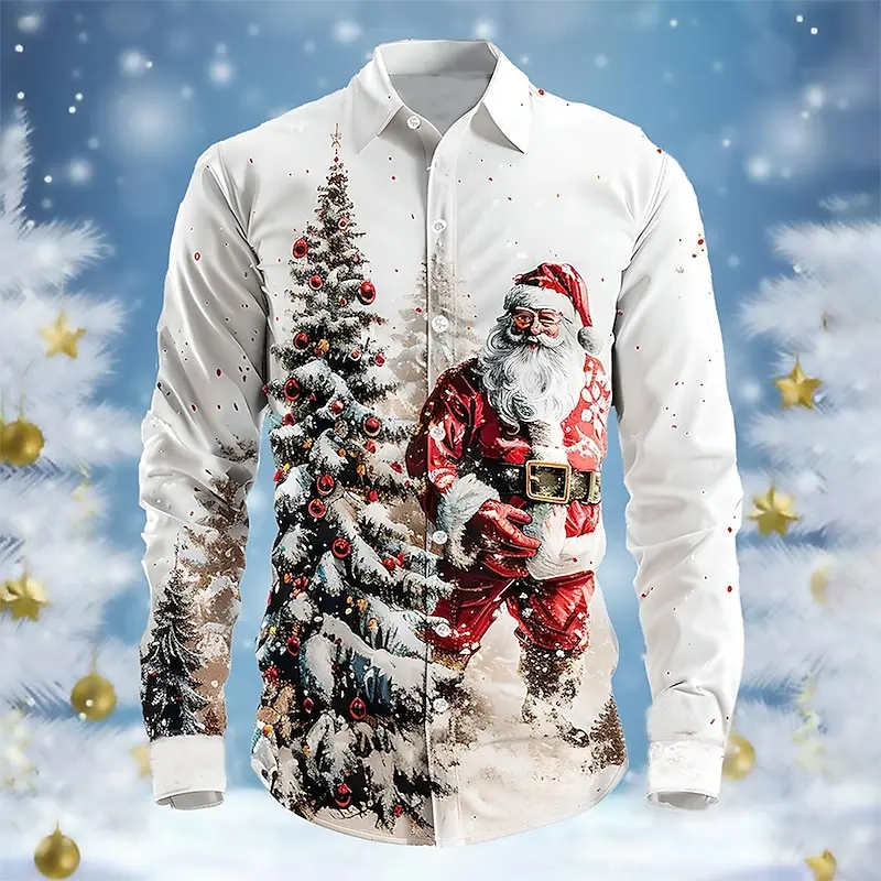 Hot selling Santa Claus men's shirt long sleeved top shirt art casual party evening dress autumn and winter high neck button2024