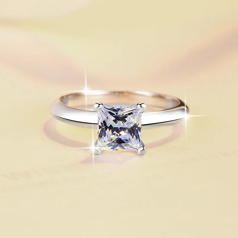 S925 sterling silver princess square moissanite women's ring super flash D color four-claw ring popular simple jewelry