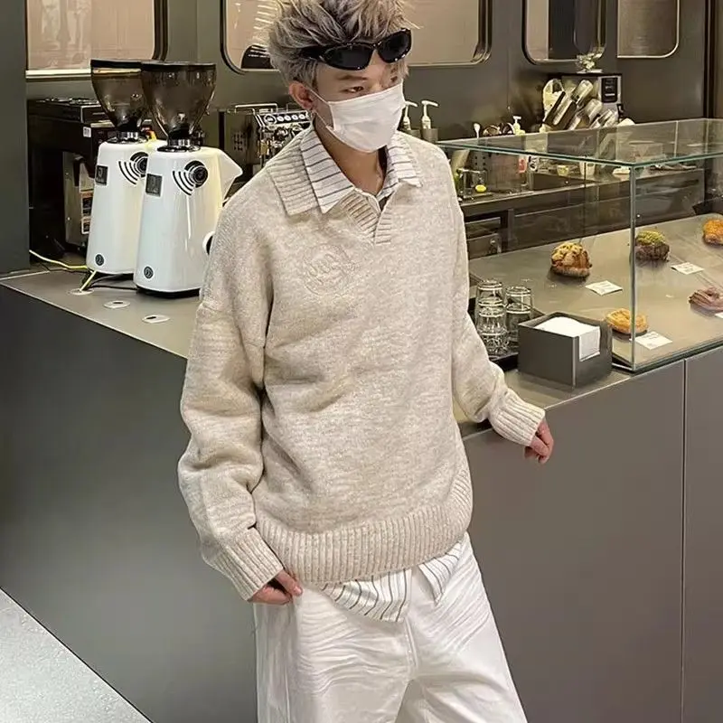 

ay Lazy Sle V-Ne Ne Knitwear Men Women Winter American Retro Inner Wear Base irt Loose Fit Casual Polyester Blend