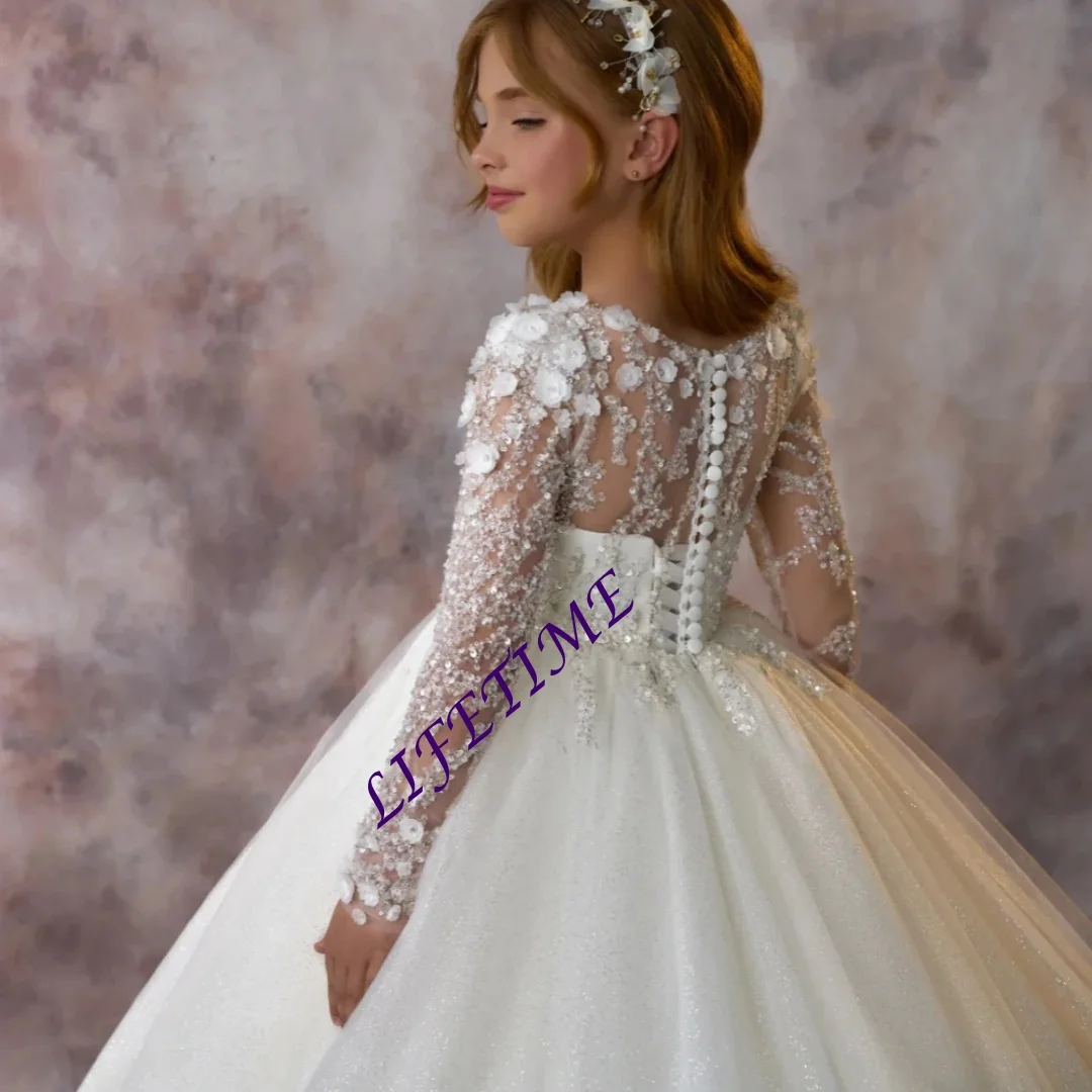 

Изящные белые детские платья с бисером и 3D цветочным принтом, классическое платье принцессы с круглым вырезом и длинными рукавами для индивидуальных заказов